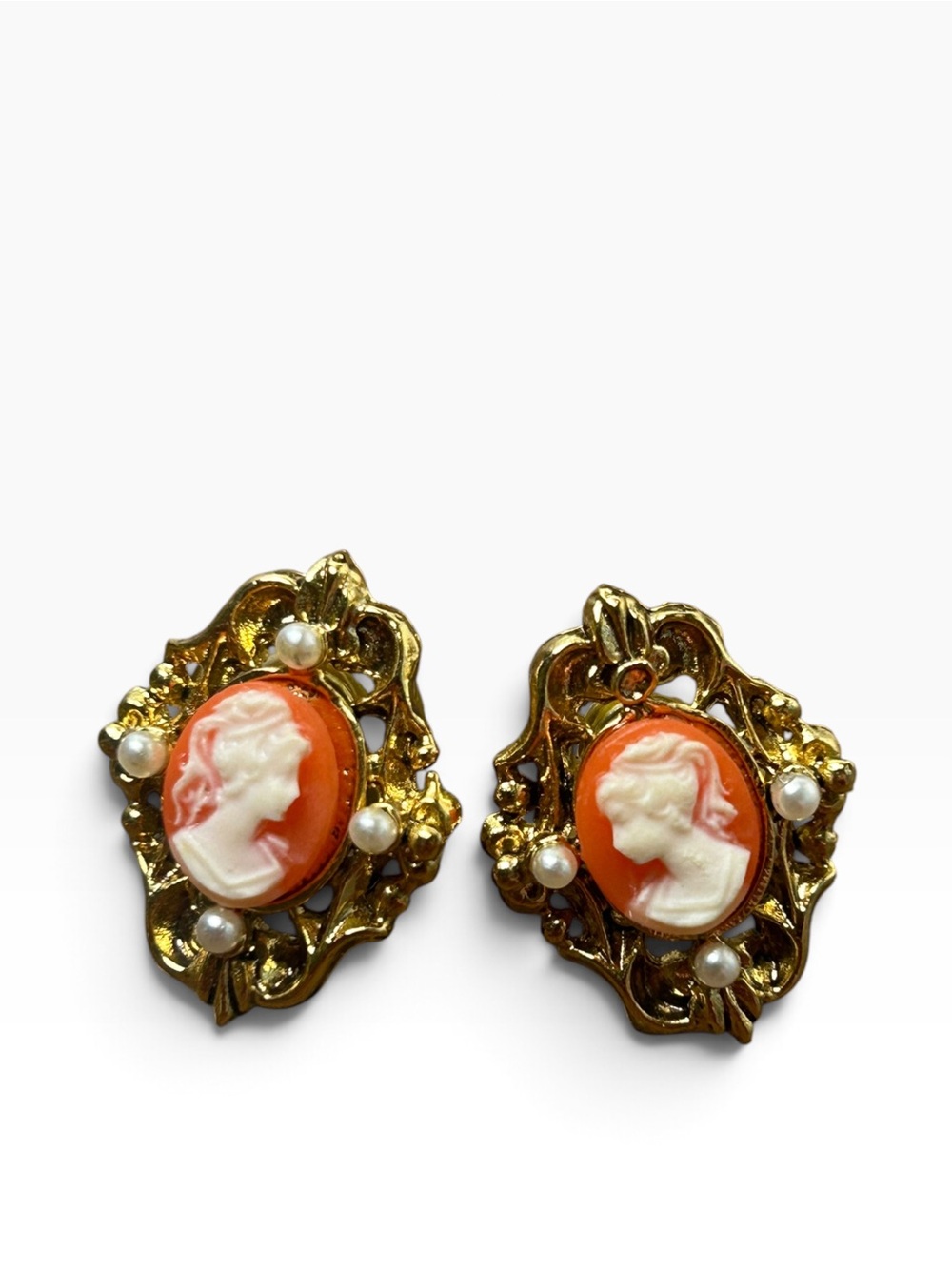 Gold Tone Orange Cameo Faux Pearl Stud Earrings
